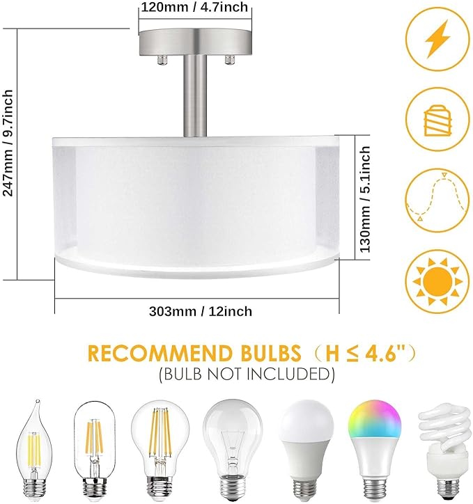 FOLKSMATE 3-Light Semi Flush Mount Ceiling Light Fixture, Drum Light with Double Fabric Shade, Modern Close to Ceiling Lamps for Dining Room Kitchen