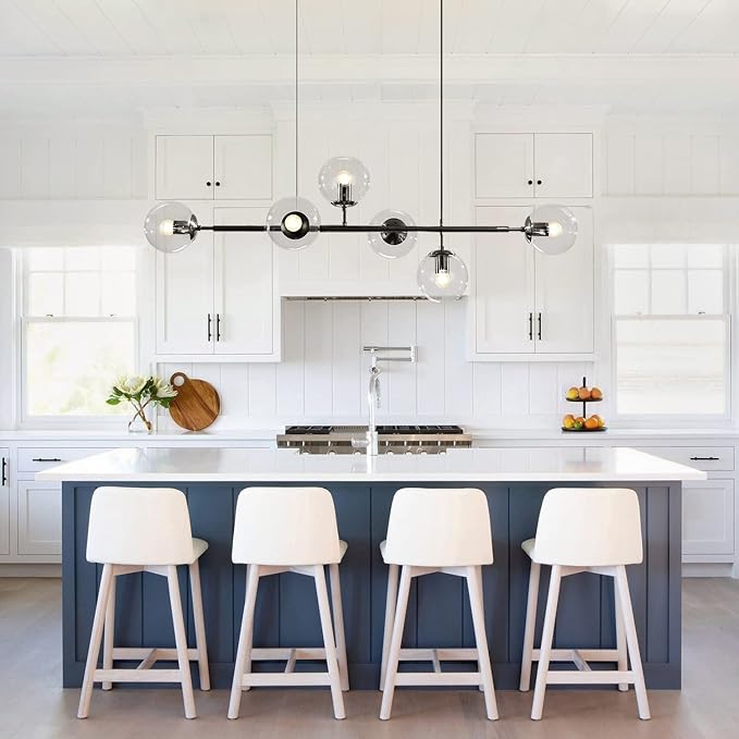 BOKT 6-Light Clear Glass Globe Pendant Light Mid Century Modern Rectangular Sputnik Chandelier Vintage Black Linear Kitchen Island Dining Pendant Lighting Fixture