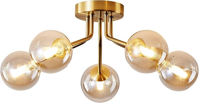Modern Sputnik Chandeliers 5 Light Gold Semi Flush Mount Ceiling Light Fixture Pendant Lamps Bulb with Glass Globe Lighting for Bedroom Kitchen Living Dining Room Office