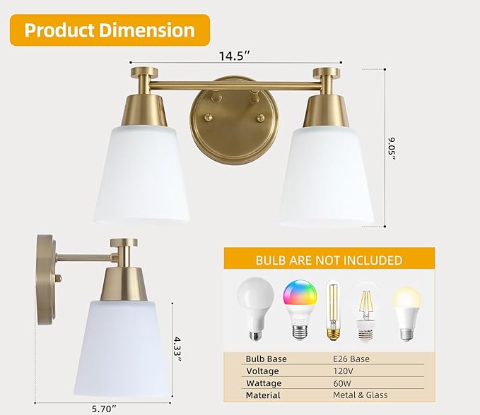2-Light Bathroom Vanity Light, Gold Finish with Milk Glass Shades, Over Mirror, for Bathroom Vanity