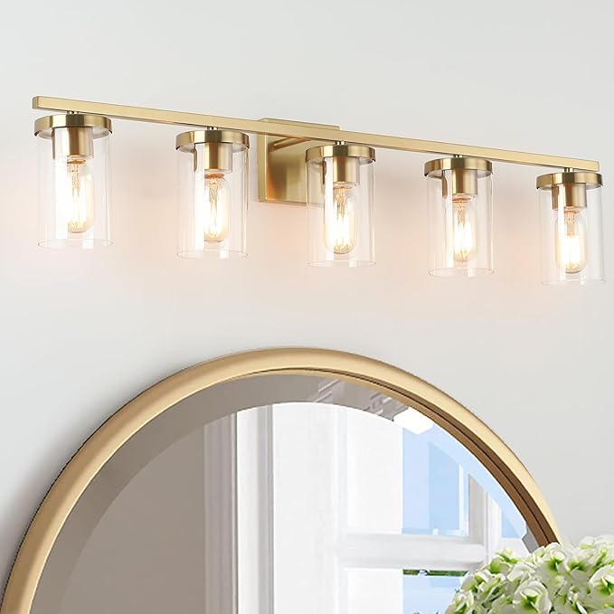 34in Bathroom Light Fixture Over Mirror, 5-Light Gold Vanity Lights with Clear Glass Shades, Modern Wall Sconces for Living Room, Bedroom, Hallway, E26 Base