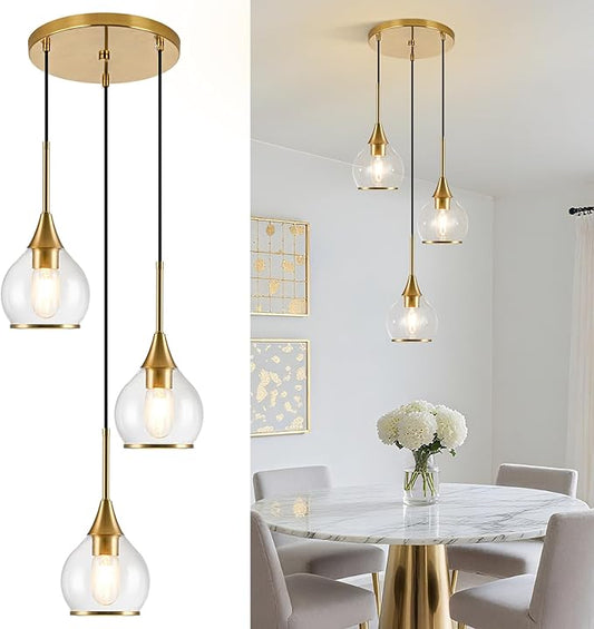 3-Light Island Light for Kitchen, Gold Kitchen Island Hanging Pendant Light, Brushed Gold Dining Room Light Fixture Over Table with Clear Round Glass Shades
