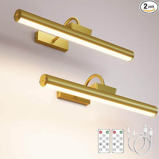 16in Wireless Picture Light with Remote, Battery Operated Picture Lights for Wall 5000mAh, 3 Color Modes and Dimmable LED Art Lighting with Timer for Painting, Frame, Gallery, Bedroom (Gold-2Pack)