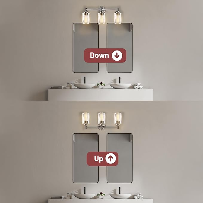 3-Light Bathroom Lighting Fixtures Over Mirror, Brushed Nickel Vanity Lights with Clear Glass Shade. Modern Bathroom Vanity Light for Mirror Kitchen, Living Room, Gallery, Hallway