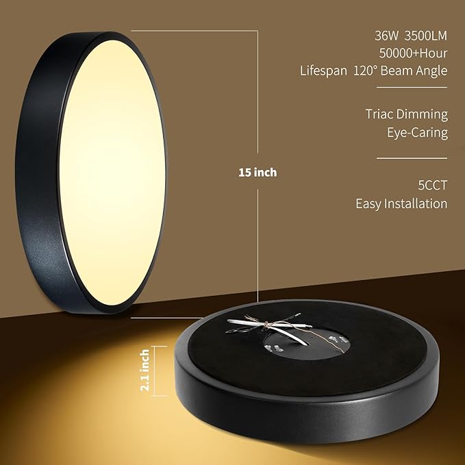 Black Flush Mount Ceiling Light 15 inch LED Dimmable Ceiling Lamp Remote Control 36W 5CCT(2700K-5000K) Bedroom Lamp Light Fixture for Bedroom Foyer Kitchen Entryway Closet Hallway