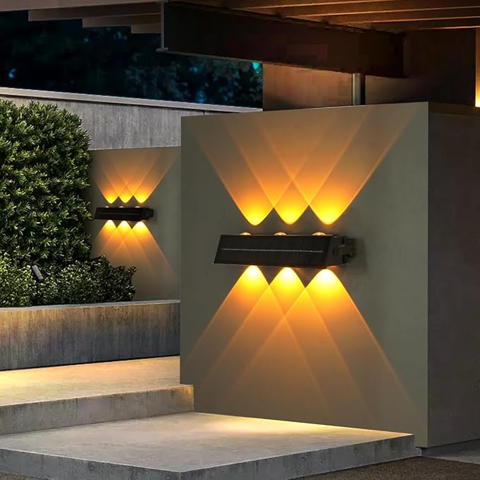 Solar Wall Lights Outdoor Waterproof 2 Pack, Up & Down Warm White LED Lighting, 12 Hours Dusk to Dawn Solar Lights Ourdoor for Garden, Porch, Patio, Sconce, Garage, Pathway - Easy Install
