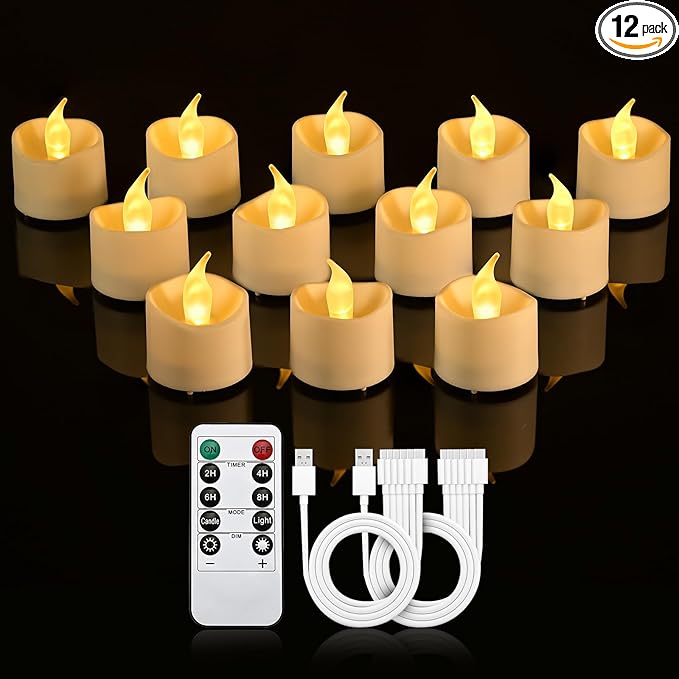 JOSU Rechargeable Flameless Tea Lights Candles with Remote Timer, Battery Operated LED Tealight Candles with 2 x 6-Port USB-C Cable for Votive Wedding Table Centerpiece Home Aniversary Decor, 12-Pack