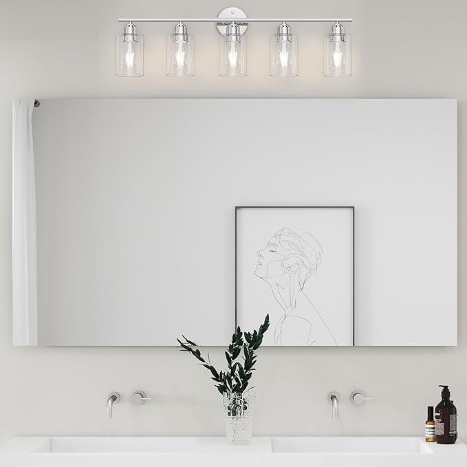 Espird Bathroom Vanity Light Fixtures Polished Chrome Bathroom Lighting Fixture, 5 Lights Bathroom Light Fixture Over Mirror, Modern Black Vanity Light, Wall Sconces with Glass Shades
