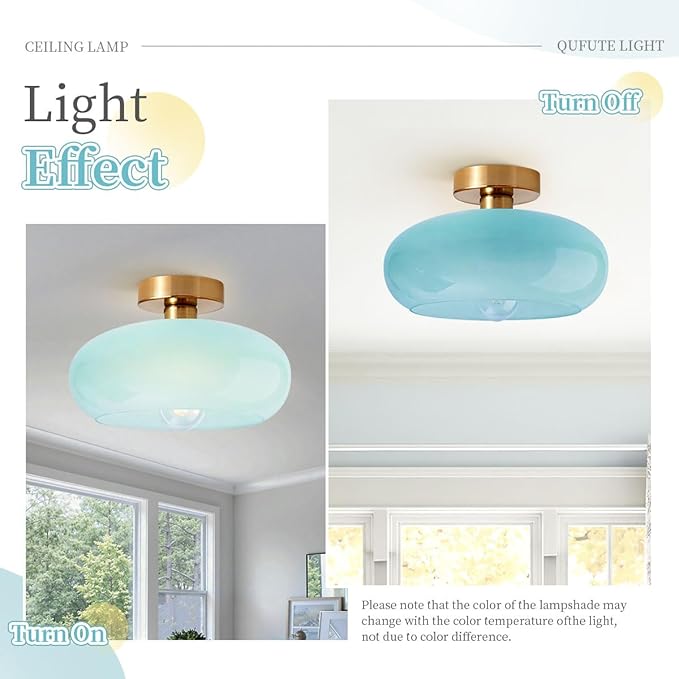 Blue Close to Ceiling Light Fixtures Vintage Flush Mount Ceiling Lights 11" Round Thickened Glass Shade Gold Mid Century Semi Flush Mount Light Hallway Entrance Lighting Fixture