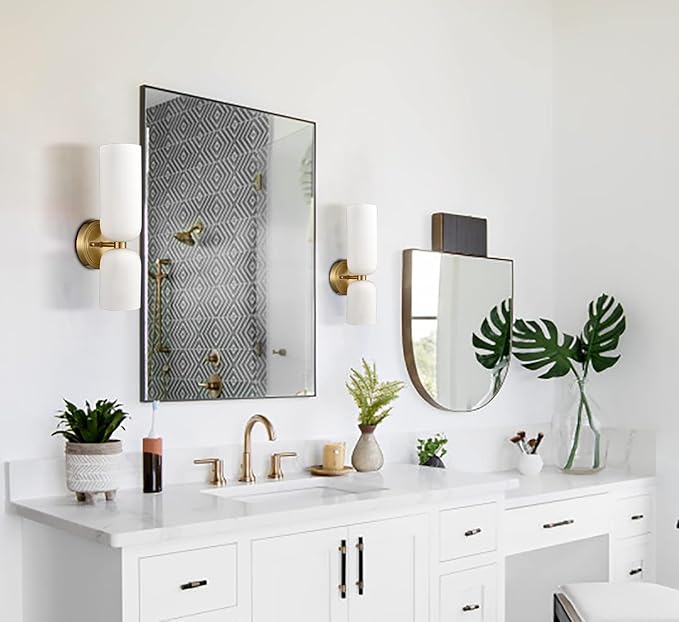 DEYNITE Gold Wall Sconces Set of Two 2-Light Modern Wall Light 3.93"(W)*14.2"(H) Bathroom Vanity Light Milky White Glass
