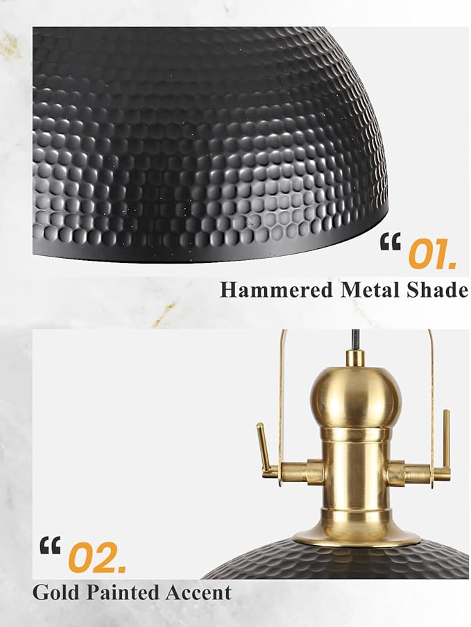 15.7 Inch Black Pendant Light 2 Pack, Hammered Industrial Pendant Lights，Adjustable Height, Large Dome Pendant Light Fixtures for Kitchen, Dining Room, Bedroom,Bar