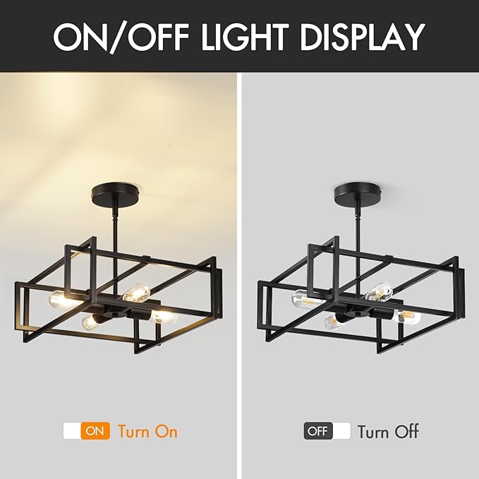 Modern Black Semi Flush Mount Ceiling Light Fixture 16.5", 4-Light Industrial Farmhouse Lighting for Kitchen Dining Room Living Room Entryway Bedroom Hallway, Sloped Ceiling Compatible, E26 Base