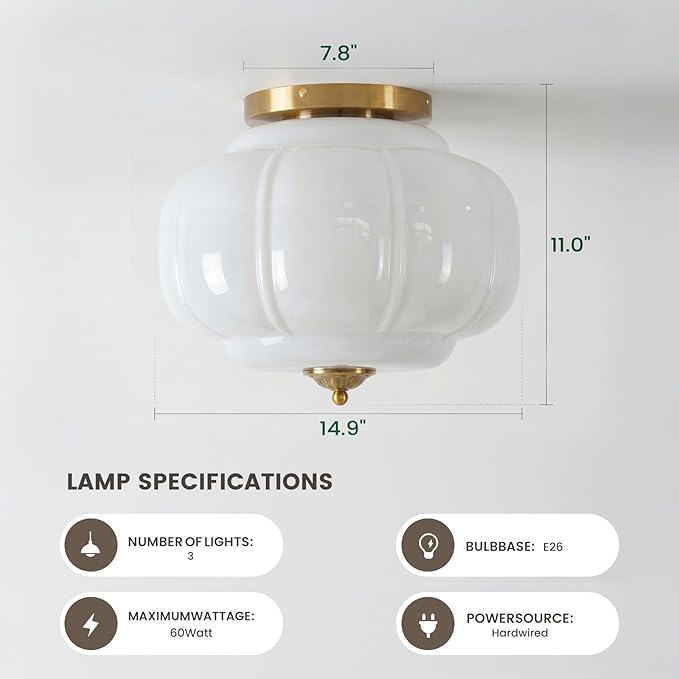 Milk Glass Ceiling Light Fixture - Farmhouse Antique Brass Semi Flush Mount Ceiling Light for Kitchen, Hallway, and Bedroom (White 15 inch)