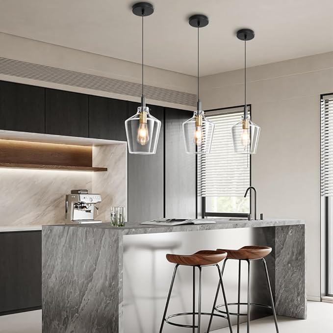 Modern Glass Pendant Lighting for Kitchen Island, Farmhouse Black and Gold Pendant Light Fixtures 1 Pack, Adjustable Hanging Ceiling Light Angled Clear Glass Shades 8 Inch
