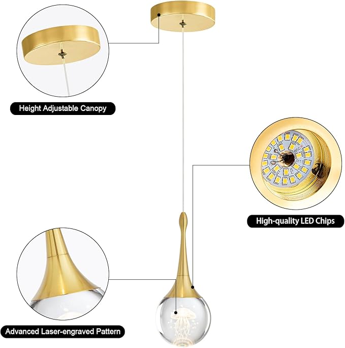 CHYING LED Kitchen Island Pendant Lights 3 Pack Gold Teardrop Pendant Light Bathroom Ceiling Hanging Light Globe Jellyfish Pendant Lighting for Living Room Dining Room Bar 3000K Warm White