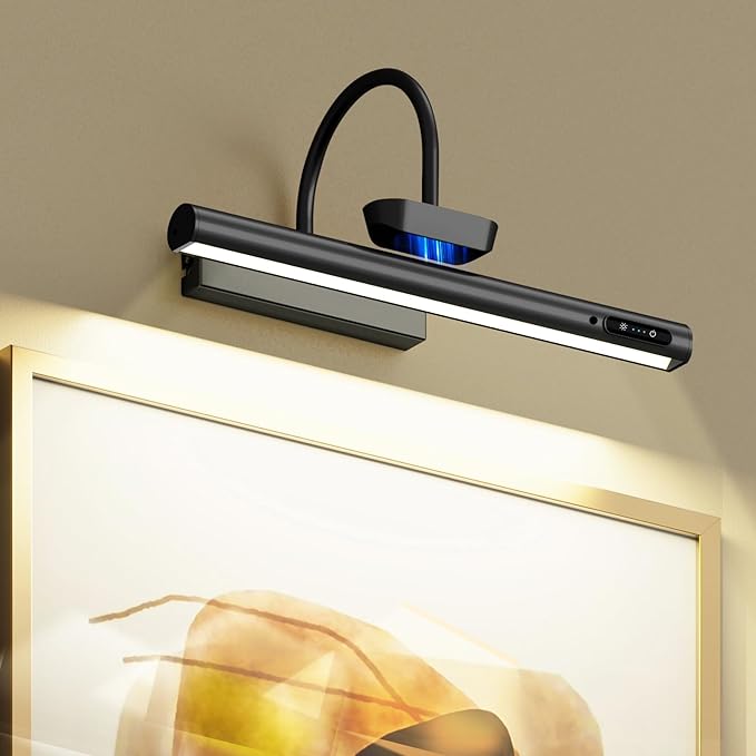 Bridika Picture Light Battery Operated, 13.8in Picture Lights for Wall, 3 Colors & Brightness Dimmable, Rechargeable Art Light for Paintings Photo Dartboard Gallery Bedroom Bathroom Black