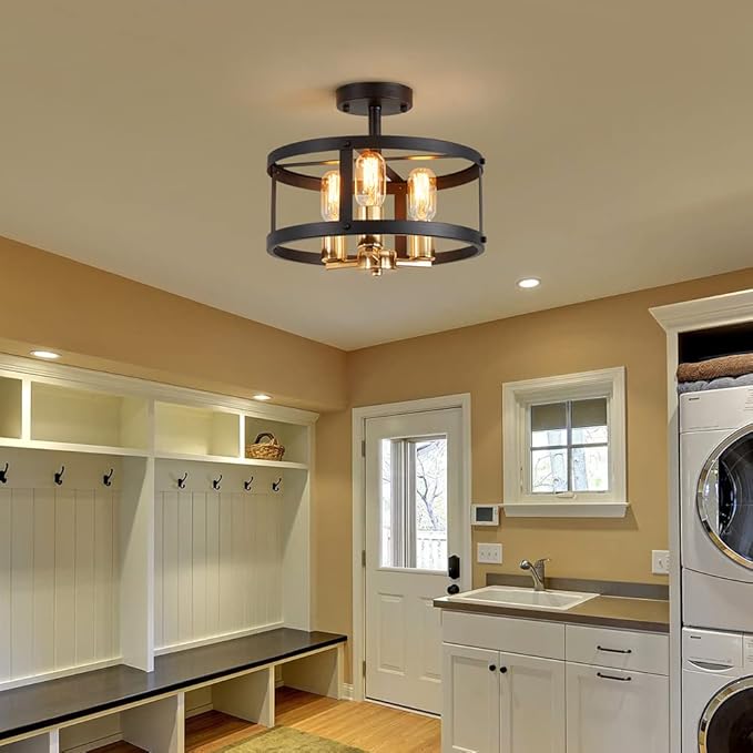 AGV LIGHTING Farmhouse Semi Flush Mount Ceiling Light Fixture， 3-Light Close to Ceiling Light, Shiny Gold & Matte Black Finish