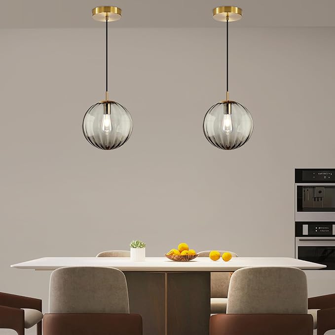 Modern Smoke Grey Glass Pendant Light, Kitchen Island Lighting 2-Pack Globe Pendant Light Fixtures Century Kitchen Island Pendant Lighting for Bedroom Living Dining Room Light Fixture (Without Bulb)