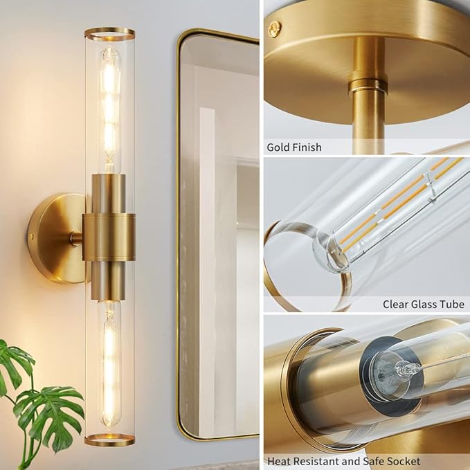 Gold Wall Sconce, Bathroom Light Fixtures in Clear Glass Indoor Wall Sconces, Modern Sconce Wall Lighting Up and Down Vanity Lights Fixtures for Bathroom,Living Room - Bulb Not Included
