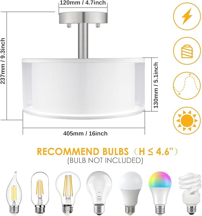 FOLKSMATE 3-Light Semi Flush Mount Ceiling Light Fixture, 16 Inch Drum Light with Double Fabric Shade, Modern Close to Ceiling Lamps for Dining Room Kitchen