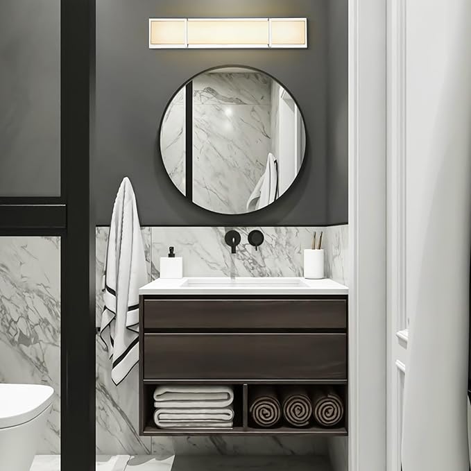 Vanity Lights 27In Warm White Bathroom Lighting Fixtures Over Mirror 28W 3000k Dimmable Modern Brushed Nickel Vanity Light for Toilet, Kitchen, Cabinet, Wall