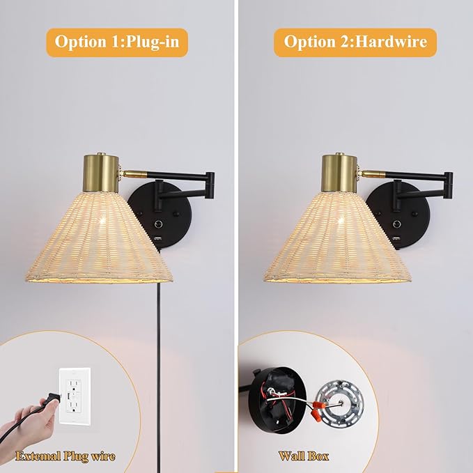 Plug in Rattan Wall Sconce Swing Arm Wall Lamp with USB Port and Dimmer Switch Hand-Woven Boho Rattan Wall Mounted Lamp Suitable for Hallway Bedroom Living Room.Balck