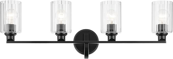 Kichler Gioe 4-Light Bathroom Vanity Light Fixture with Clear Fluted Glass in Black, Modern Wall Mount Over Mirror Lighting for Powder Room (32.25 x 10.5 x 6.75 in), 55227BKFLU
