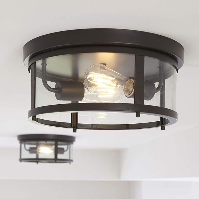 Progress Lighting Gunther Collection 2-Light Clear Glass Farmhouse Outdoor Flush Mount Light Antique Bronze, 5.75x12.63x12.63