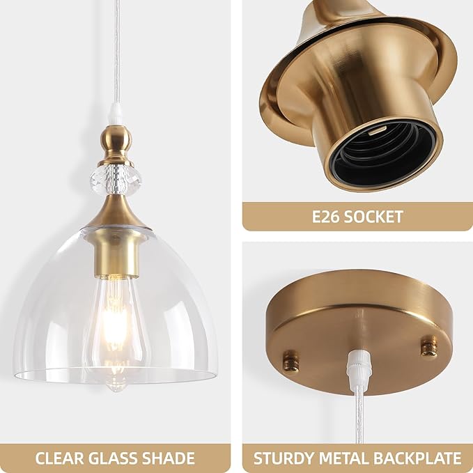 Pendant Lighting for Dining Room, Brushed Gold Pendant Light Kitchen Island, Modern Pendant Lighting with Glass Shade for Living Room, Foyer, Bedroom, Hallway, Gold/Clear