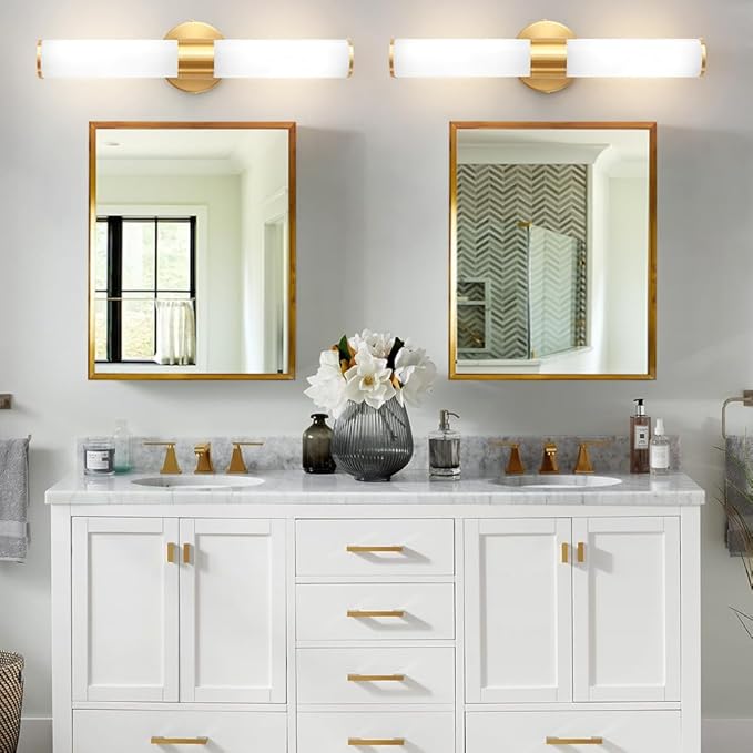 Gold Bathroom Light Fixtures, Vanity Lights for Mirror with Milk Glass Shade, 20 Inch Up and Down Wall Sconces for Bathroom Bedroom Living Room Hallway - Bulb Not Included