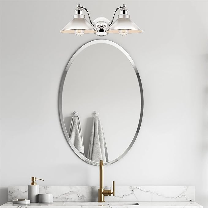Kira Home Welton 19" 2-Light Modern Farmhouse Vanity Light with Dual Funnel Shades, Industrial Wall Sconce Bathroom Light, Polished Nickel Finish
