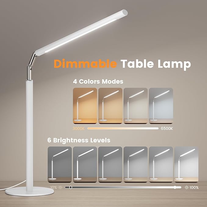 SIBRILLE White LED Desk Lamp, 16" Dimmable Metal Desk Light with Base, 15W 1200LM, Adapter Included, Color & Brightness Adjustable, Modern Tall Table Lamp for Home Office Reading Study Task Laptop