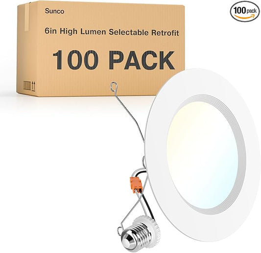 Sunco 100 Pack 6 Inch LED Recessed Light Retrofit, Can Lights for Ceiling, 1700 LM High Brightness, Selectable CCT 2700K/3000K/4000K/5000K/6000K, 17W=120W, Dimmable, Baffle Trim, Damp Rated UL