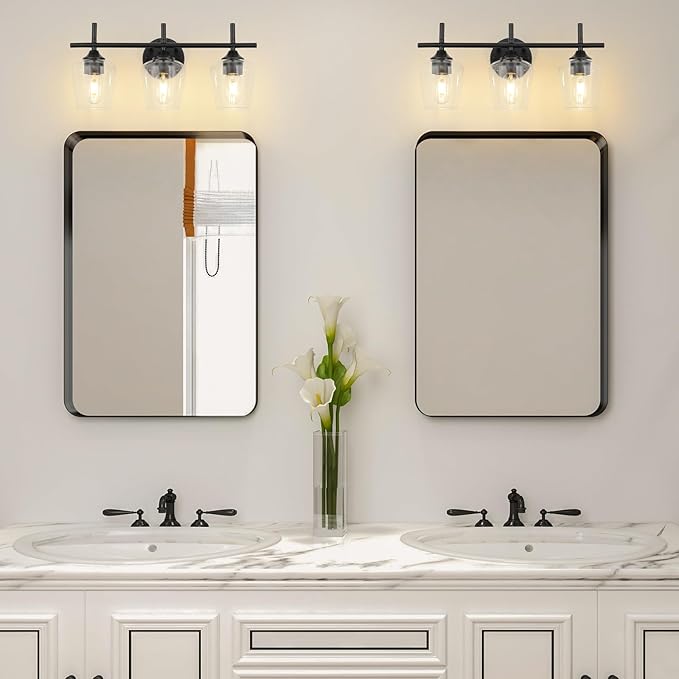 Bathroom Vanity Light Fixtures, 3-Lights Over Mirror Modern Vanity Lighting with Clear Wine Glass Shade Wall Lamp for Bedroom Hallway Living Room(Black, 3-Light)