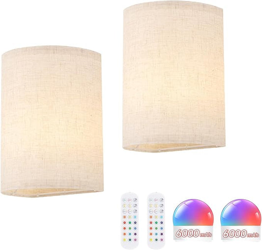 Shenmoyl Battery Operated Wall Sconce Set of 2, Rechargeable 6000mAh Magnetic Bulb, No Drill Stick On Cordless Wall Light, RGB & 3 Color Temperatures Dimmable with Linen Shade for Bedroom Living Room
