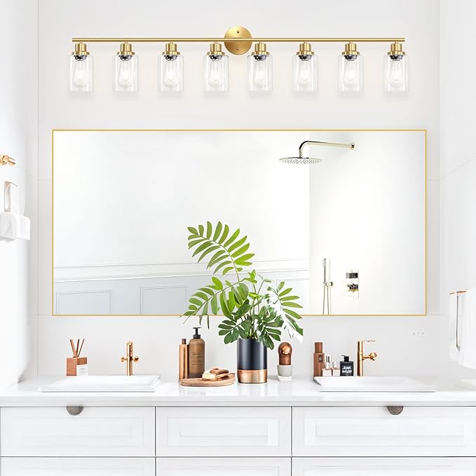 8-Light Brushed Gold Vanity Lights for Bathroom, Lighting Fixtures Over Mirror with Clear Glass Shade, Modern Kitchen Light Fixtures Wall Lamps Sconce Light - E26 Base