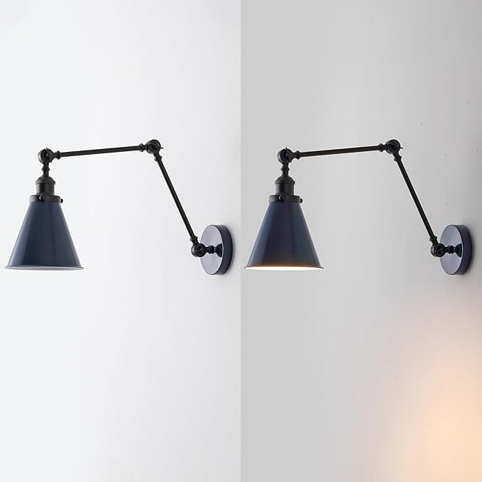JONATHAN Y 7" Navy/Black Classic Industrial Metal Adjustable Arm LED Wall Sconce for Bedside Reading, Farmhouse Swing Arm Wall Lamp with Metal Shade, Hardwired (JYL7462G-SET2)