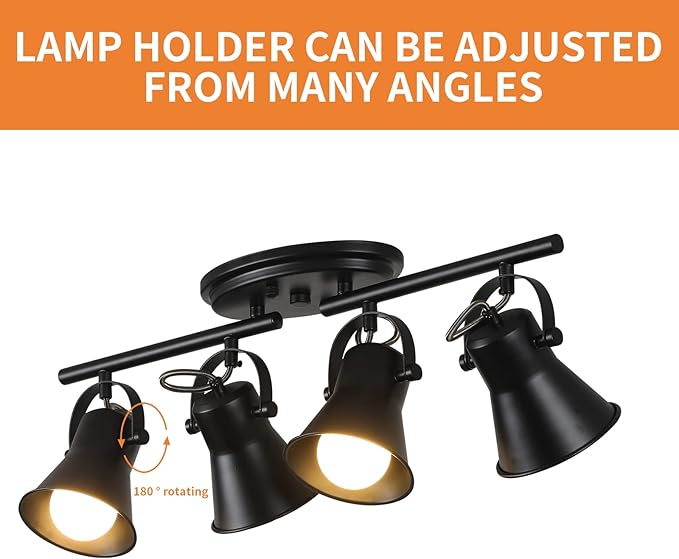 KEESFU 4-Light Track Lighting Kit,Black Semi Flush Mount Ceiling Light with 4 Rotatable Light Heads,Modern Accent Lighting for Livingroom,Bedroom,Hallway,Art Wall,Bathroom,Kitchen.(4-Light)