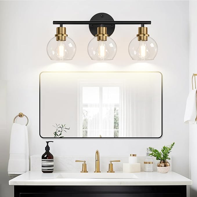 Indoi 3-Light Bathroom Light Fixtures, Black and Gold Bathroom Lights Over Mirror with Clear Glass Globe Shade, Vanity Lights for Bathroom Kitchen Living Room Hallway Cabinet Bedroom Porch