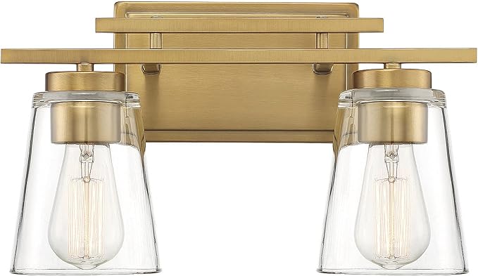 Savoy Essentials 8-1020-2-322 Calhoun Modern Clear Glass Bathroom Vanity Wall Light, 2-Light 120 Total Watts, 9" H x 15" W, Warm Brass