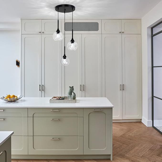 JHLBYL Glass Pendant Lights Kitchen Island: 5.91'' 3-Light Hammered Glass Pendant Light with Black Finish - Modern Minimalist Hanging Light Fixture for Kitchen Sink Dining Room - E26 Base