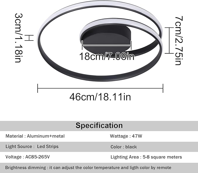 18 Inch LED Flush Mount Ceiling Light, Modern Dimmable Round Ceiling Lamp with Remote Control, Low Profile Indoor Lighting for Bedroom, Kitchen, Dining Room