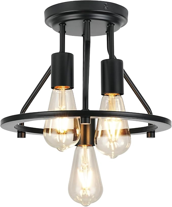 Semi Flush Mount Ceiling Light 3-Light Ceiling Light Fixtures - Black Hallway Light Fixtures Farmhouse Industrial Kitchen Light Fixtures E26 Socket Ceiling Lamp for Foyer