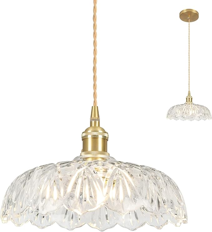 Glass Pendant Light Vintage Light Fixtures,Transparent Modern Chandelier Pendant,E26 Pendant Lights Kitchen Island,9.4inch Hanging Lamp for Bedroom Hotel Dining Room 1 Light