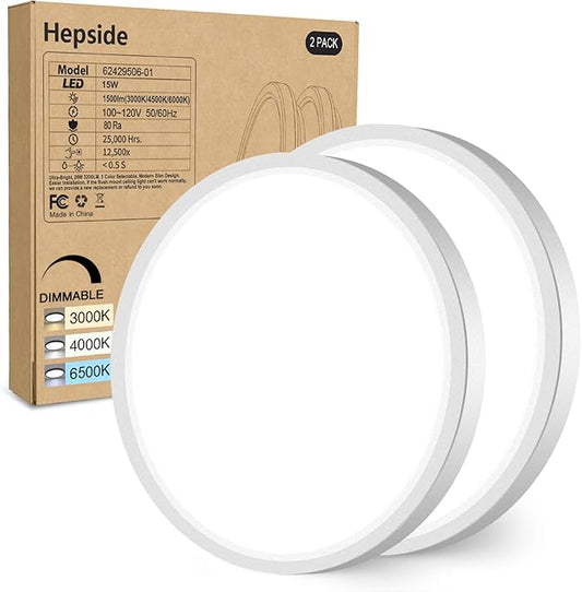 hepside 2Pack Dimmable Flush Mount Ceiling Light Fixture White, 3CCT Selectable 3000/4000/6500K Ceiling Lamp, 7.5INCH 15W 1500LM Low Profile Light for Bedroom, Kitchen, Bathroom, Hallway