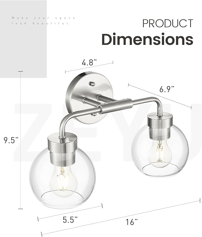 zeyu Modern Bathroom Vanity Lamp, Globe Vanity Light for Bathroom, 2-Light Wall Mirror Light, Brushed Nickel Finish with Clear Glass Shade, ZS62BG-2W BN