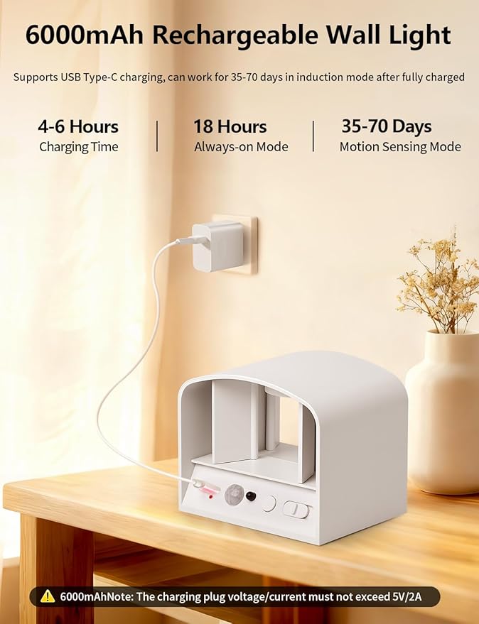 Battery Operated Wall Lamps with Motion Sensor, 6000mAh Rechargeable Wireless LED Sconce with Remote Control, Stepless Dimming, 2700-6500K, Adjustable Beam Angle, White Wall Lights for Bedroom, 2-Pack