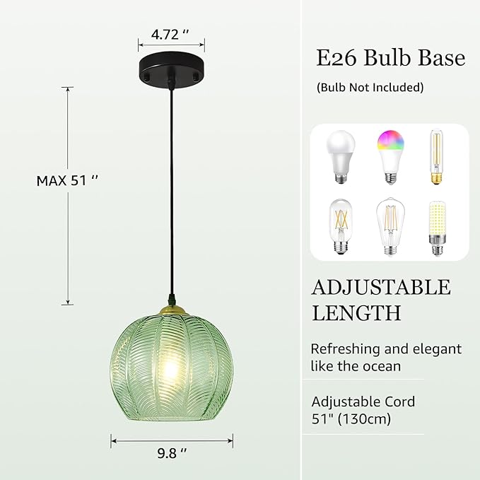 9.8'' Green Glass Pendant Lighting, Single Large Globe Chandelier with Ribbed Glass Lampshade, Nordic Ceiling Hanging Ball Light Fixture for Kitchen Island, Dining Living Room, Bedroom
