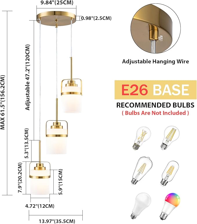 Brass 3-Light Pendant Lighting, Adjustable Cluster Hanging Light Fixture with Milk Glass Shade, Modern Pendant Light for Kitchen Island Dining Room Bar