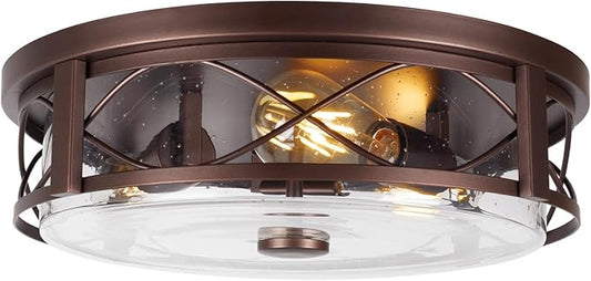 16 Inch Large Flush Mount Ceiling Light with Seeded Glass, 3-Light Bronze Round Ceiling Lamp, Modern Farmhouse Indoor Outdoor Ceiling Lighting for Kitchen Bedroom Living Dining Room